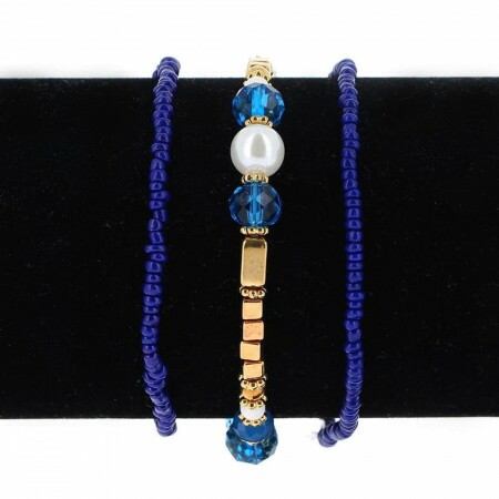 Lot de 3 Bracelets Elastiques Perles Bleu et Or 