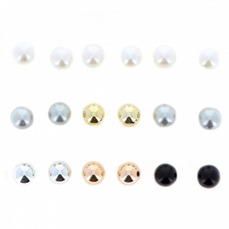Lot de 9 puces d'Oreilles Petites Perles Blanches, Noires, Or et Argent 
