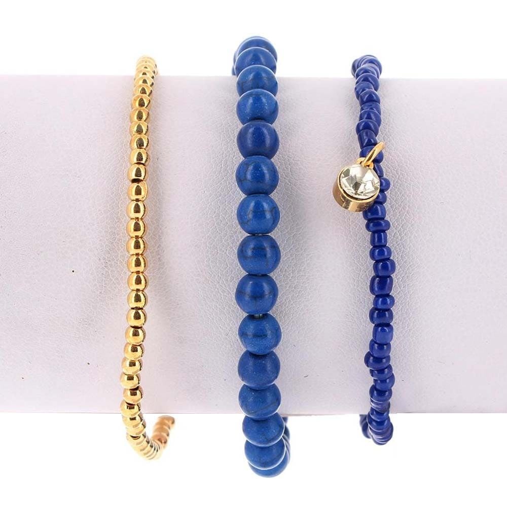 Lot de 3 Bracelets Elastiques Perles Bleu et Or Breloque en Strass