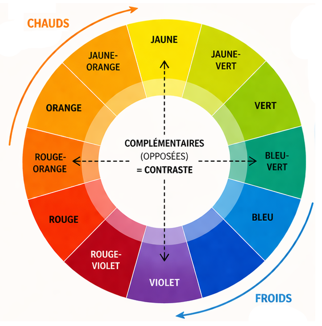Cercle chromatique des couleurs complémentaires pour le maquillage
