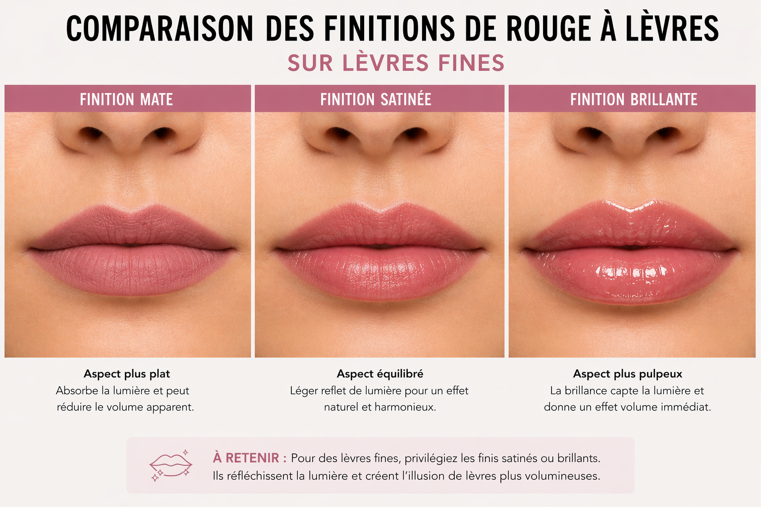 Comparaison des finitions de rouge à lèvres sur lèvres fines