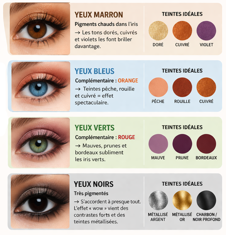 Différentes couleurs de fard à paupières appliquées sur des yeux — guide par couleur d'iris