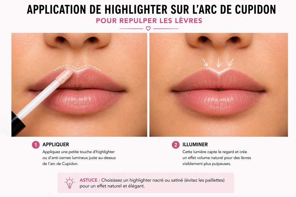 Application de highlighter sur l'arc de Cupidon pour repulper les lèvres