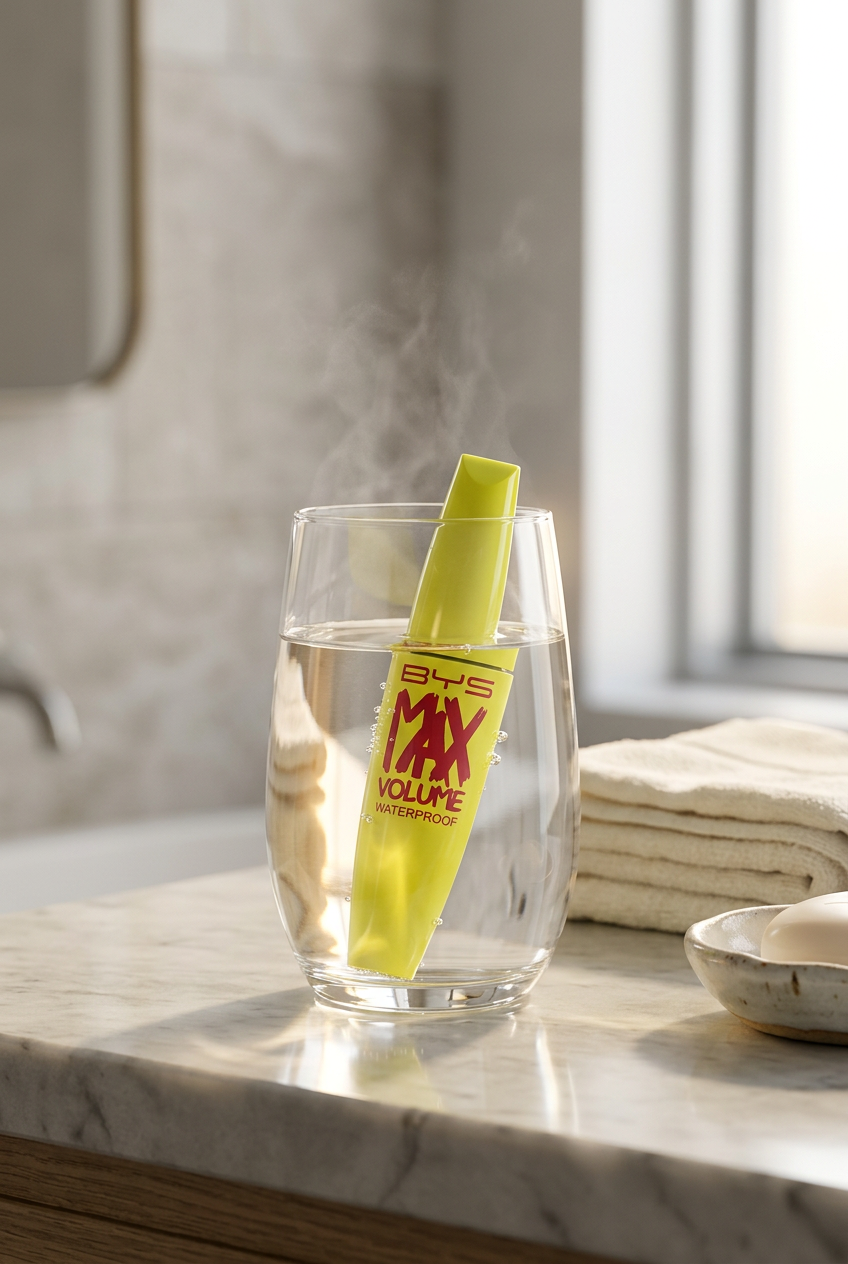 mascara BYS plongé dans un verre d'eau tiède pour récupérer la formule sèche