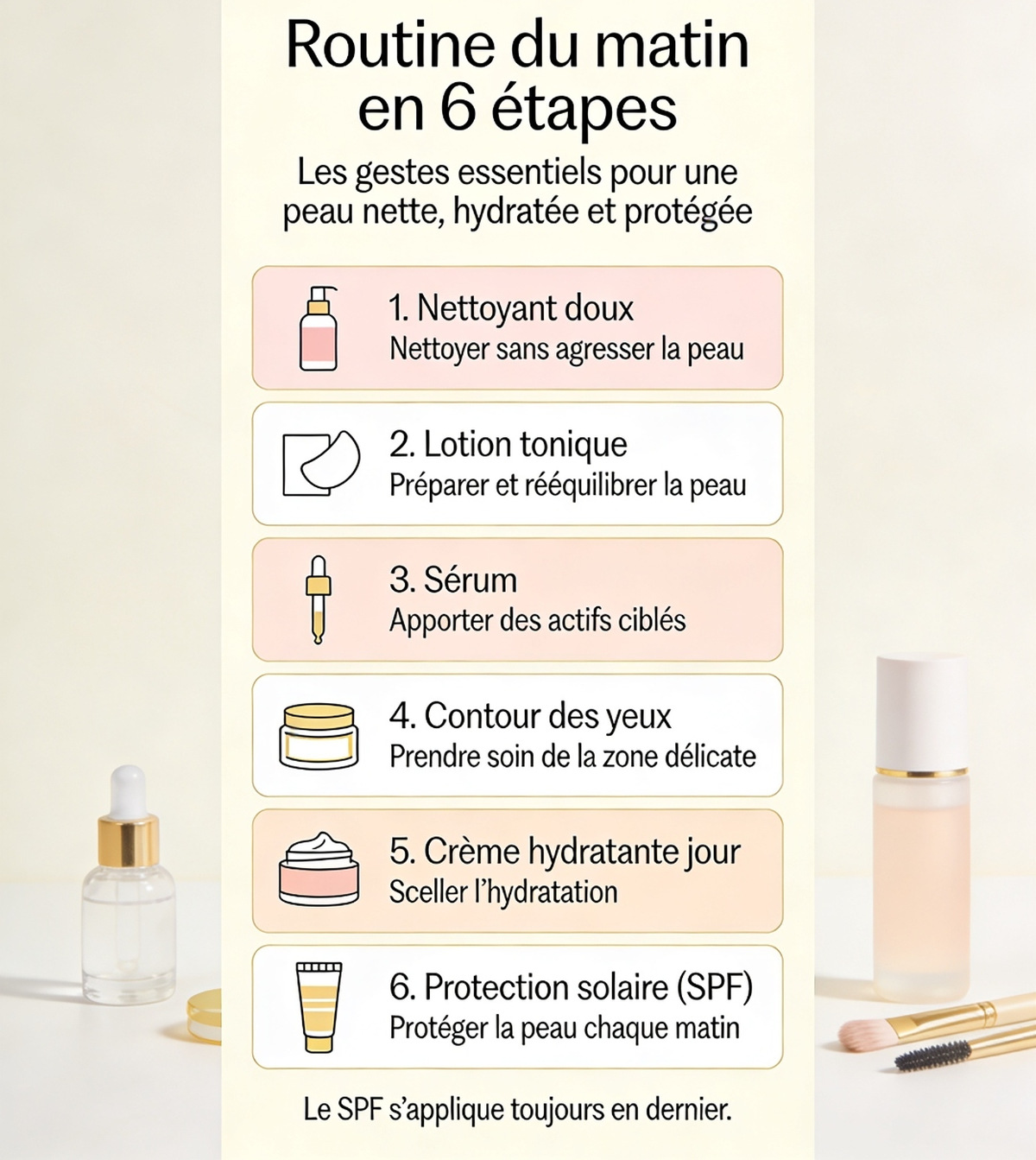 Infographie routine soin visage matin en 6 étapes