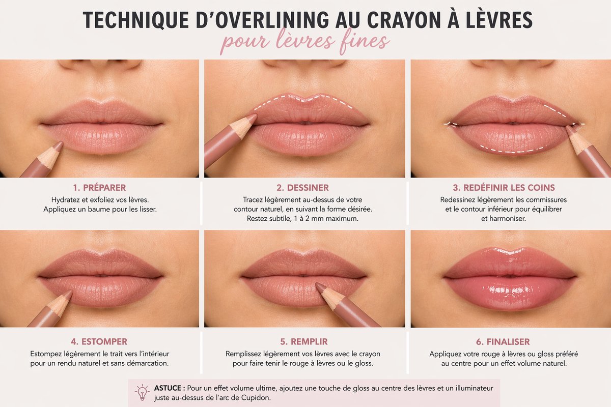 Technique d'overlining au crayon à lèvres pour lèvres fines